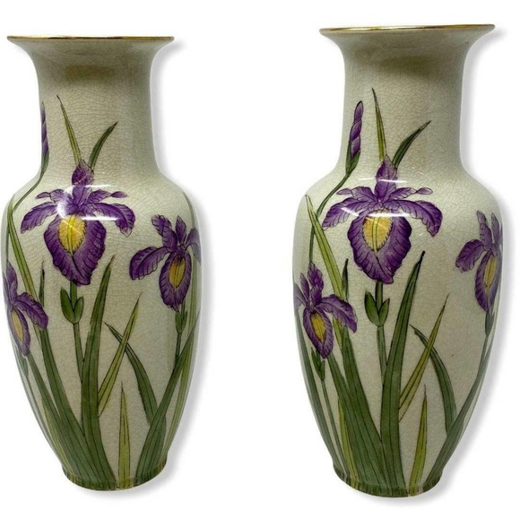 Vtg Andrea by Sadek Pair of Vases Hand painted Purple Iris Signed & Numbered 10" - Picture 1 of 6
